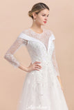 Looking for  in Tulle, A-line style, and Gorgeous Lace,Rhinestone work  MISSHOW has all covered on this elegant Modest White Beaded Appliques Wedding Dress Long Sleeve Floor Length Ball Gown