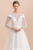 Looking for  in Tulle, A-line style, and Gorgeous Lace,Rhinestone work  MISSHOW has all covered on this elegant Modest White Beaded Appliques Wedding Dress Long Sleeve Floor Length Ball Gown