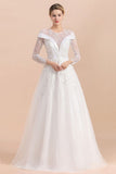 Modest White Beaded Appliques Wedding Dress Long Sleeve Floor Length Ball Gown