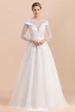 Looking for  in Tulle, A-line style, and Gorgeous Lace,Rhinestone work  MISSHOW has all covered on this elegant Modest White Beaded Appliques Wedding Dress Long Sleeve Floor Length Ball Gown