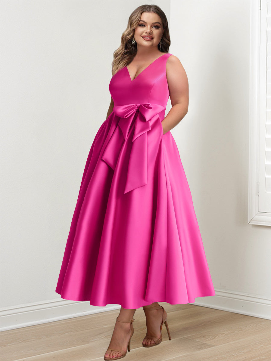 A Line Princess V Neck Sleeveless Ankle Length Mother Of The Bride Dresses With Pockets Ruffles
