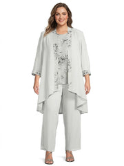 Chiffon Round Neck Floor Length Plus Size Mother Of The Bride Pantsuits With Jacket