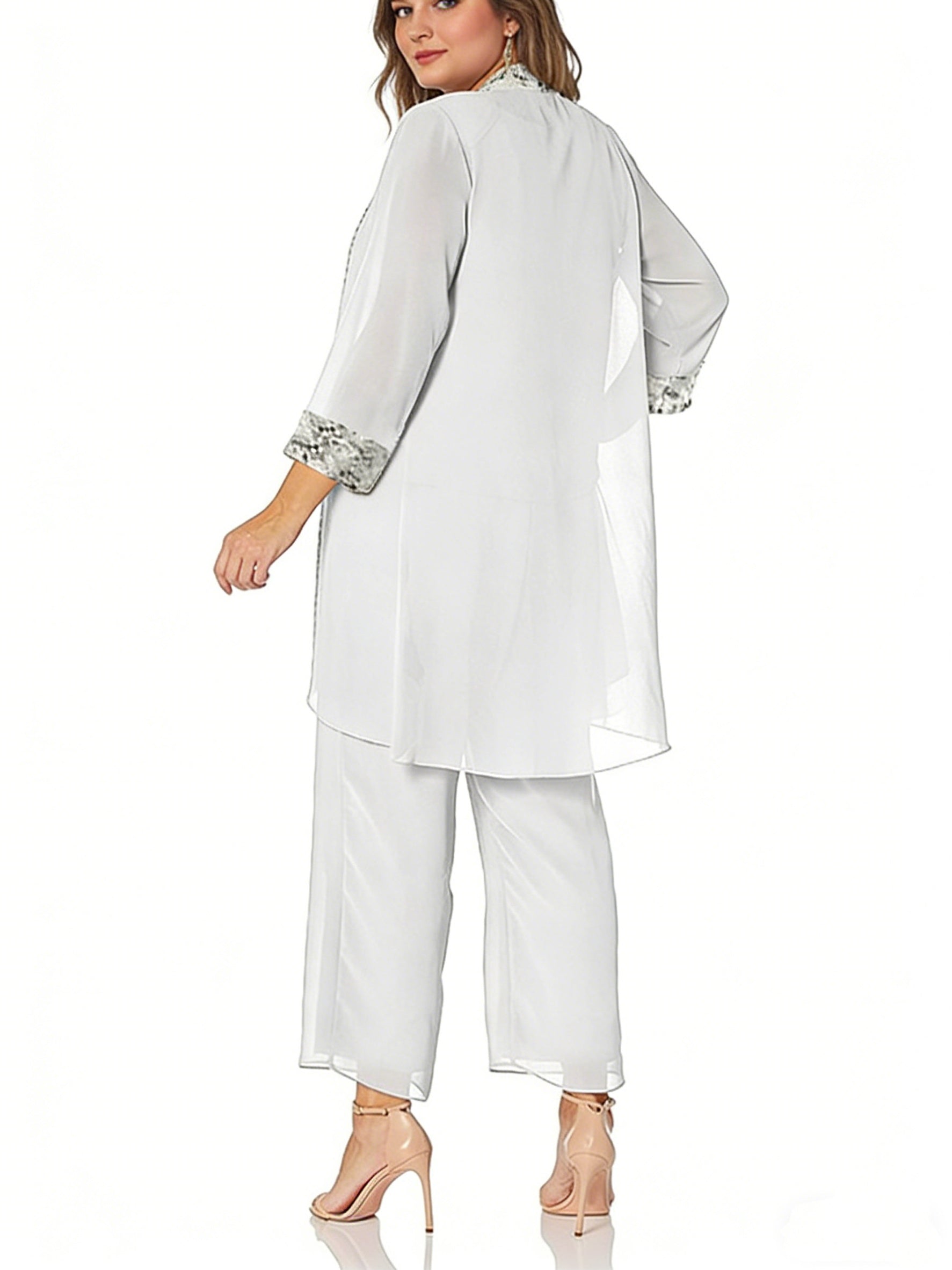 Chiffon Round Neck Floor Length Plus Size Mother Of The Bride Pantsuits With Jacket