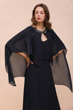 Navy Blue Bridesmaid Dress with Beading Wraps Floor Length Chiffon Maid of Honor Dress-misshow.com