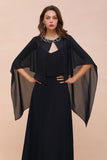 Navy Blue Bridesmaid Dress with Beading Wraps Floor Length Chiffon Maid of Honor Dress-misshow.com