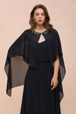 Navy Blue Bridesmaid Dress with Beading Wraps Floor Length Chiffon Maid of Honor Dress-misshow.com