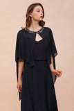 Navy Blue Bridesmaid Dress with Beading Wraps Floor Length Chiffon Maid of Honor Dress-misshow.com