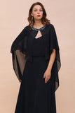 Navy Blue Bridesmaid Dress with Beading Wraps Floor Length Chiffon Maid of Honor Dress-misshow.com