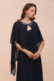 Navy Blue Bridesmaid Dress with Beading Wraps Floor Length Chiffon Maid of Honor Dress-misshow.com