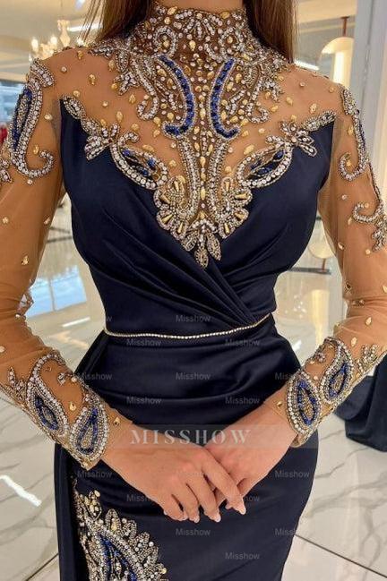 Navy Blue Long Glitter Evening Dresses Prom Dresses with Sleeves Navy Blue Long Glitter Evening Dresses Prom Dresses with Sleeves