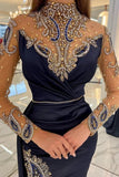 Navy Blue Long Glitter Evening Dresses Prom Dresses With Sleeves-misshow.com