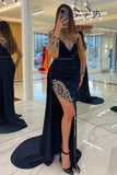 Navy Blue Long Glitter Evening Dresses Prom Dresses With Sleeves