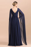 Navy Long Sleeve Chiffon Mother Of the Bride Dress With Ruffles Online-misshow.com