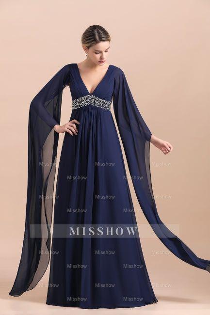 Navy Long Sleeve Chiffon Mother Of the Bride Dress With Ruffles Online