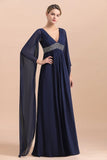 Navy Long Sleeve Chiffon Mother Of the Bride Dress With Ruffles Online-misshow.com
