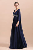 Navy Long Sleeve Chiffon Mother Of the Bride Dress With Ruffles Online-misshow.com