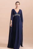 Navy Long Sleeve Chiffon Mother Of the Bride Dress With Ruffles Online-misshow.com