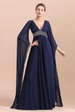 Navy Long Sleeve Chiffon Mother Of the Bride Dress With Ruffles Online-misshow.com