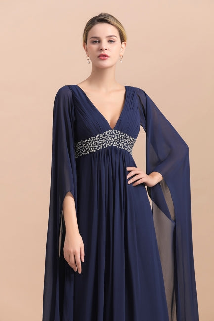 Navy Long Sleeve Chiffon Mother Of the Bride Dress With Ruffles Online-misshow.com
