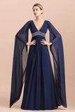 Navy Long Sleeve Chiffon Mother Of the Bride Dress With Ruffles Online-misshow.com