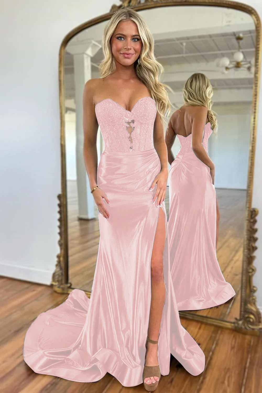 Navy Mermaid Sweetheart Long Corset Prom Dress with Slit