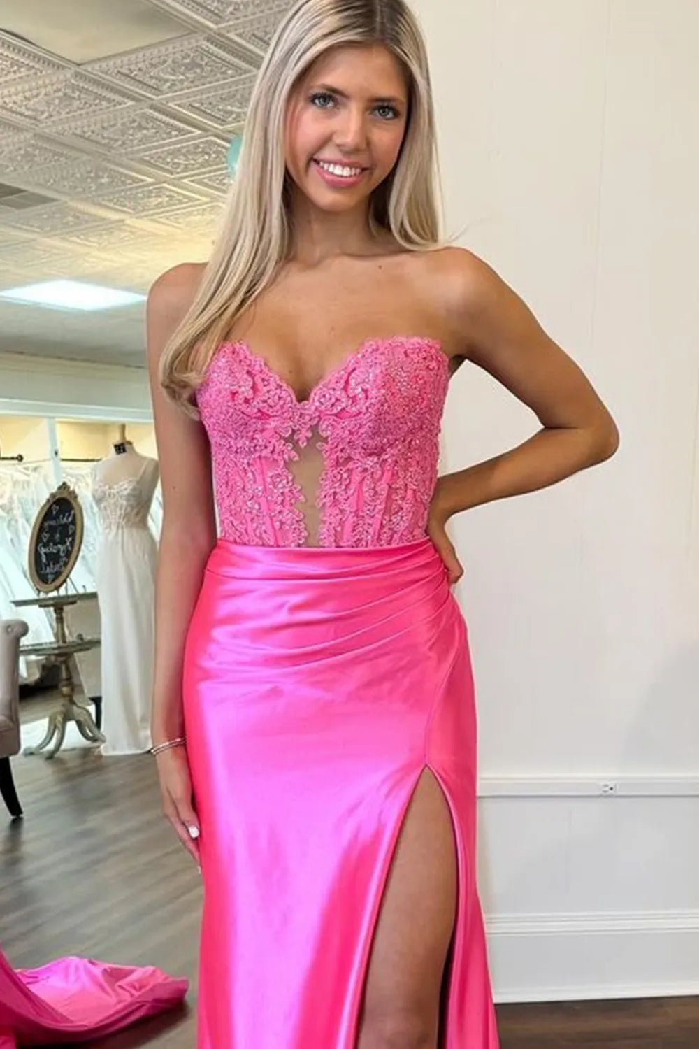 Navy Mermaid Sweetheart Long Corset Prom Dress with Slit