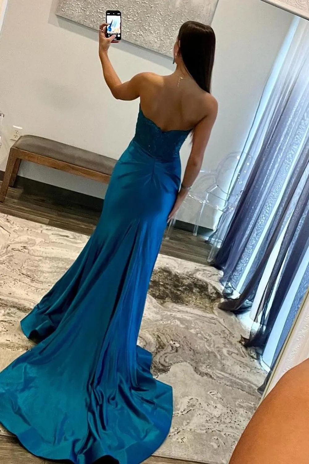Navy Mermaid Sweetheart Long Corset Prom Dress with Slit