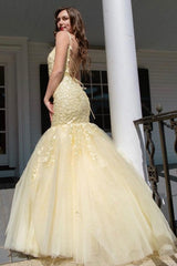 Nectarean Appliques Lace Square Neckline Spaghetti Straps Sleeveless Floor-length Mermaid Prom Dresses-misshow.com
