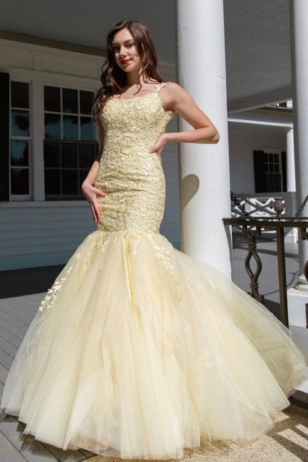 Nectarean Appliques Lace Square Neckline Spaghetti Straps Sleeveless Floor-length Mermaid Prom Dresses-misshow.com