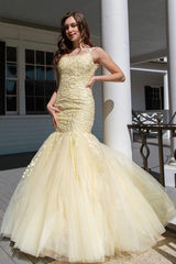Nectarean Appliques Lace Square Neckline Spaghetti Straps Sleeveless Floor-length Mermaid Prom Dresses-misshow.com