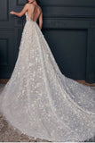 Nectarean V-Neck Sleeveless A-Line Floor-Length Lace Wedding Dresses with Chapel Train-misshow.com