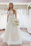 Nectarean V-Neck Sleeveless A-Line Floor-Length Lace Wedding Dresses with Chapel Train