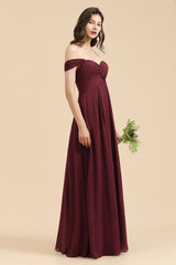 New Arrival A-line Off-the-shoulder Sweetheart Burgundy Long Bridesmaid Dress-misshow.com