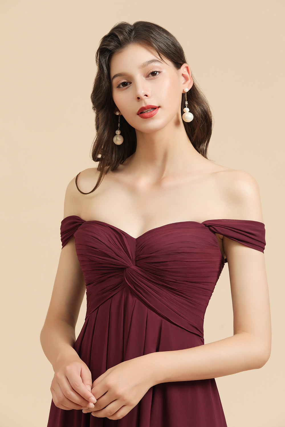 New Arrival A-line Off-the-shoulder Sweetheart Burgundy Long Bridesmaid Dress-misshow.com