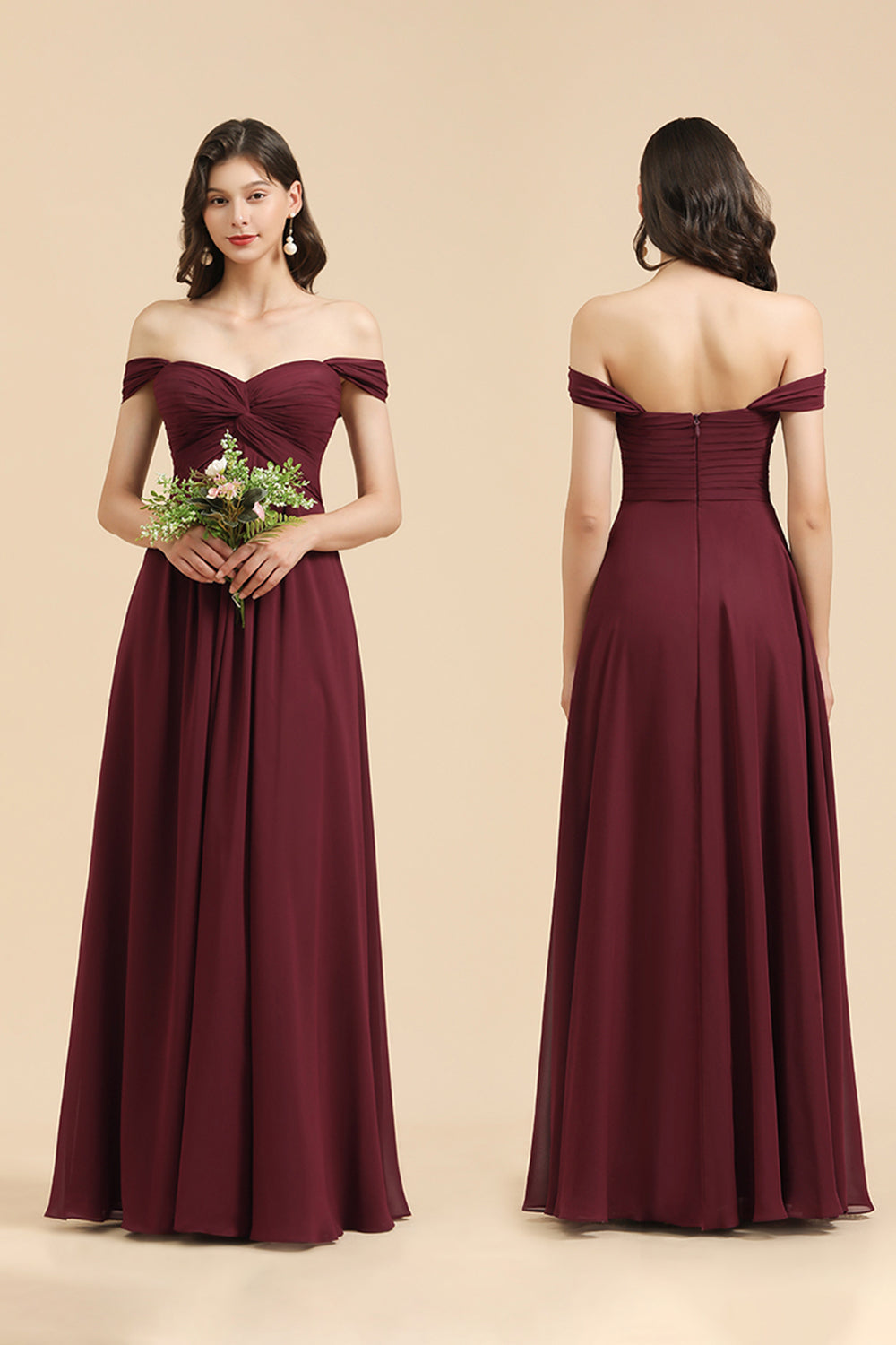 New Arrival A-line Off-the-shoulder Sweetheart Burgundy Long Bridesmaid Dress-misshow.com
