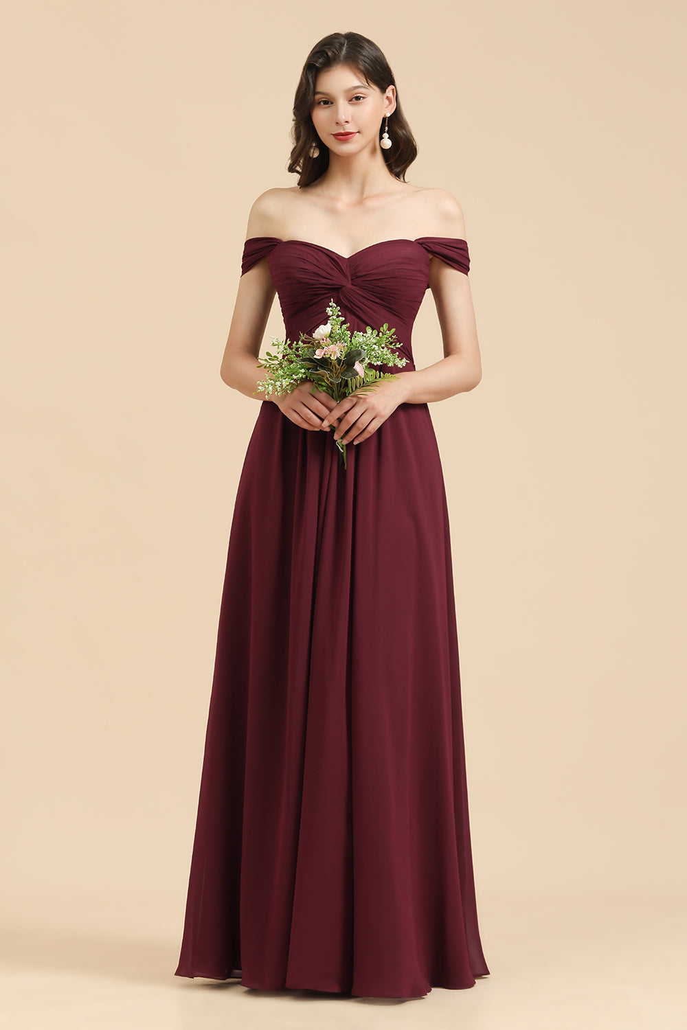 New Arrival A-line Off-the-shoulder Sweetheart Burgundy Long Bridesmaid Dress-misshow.com