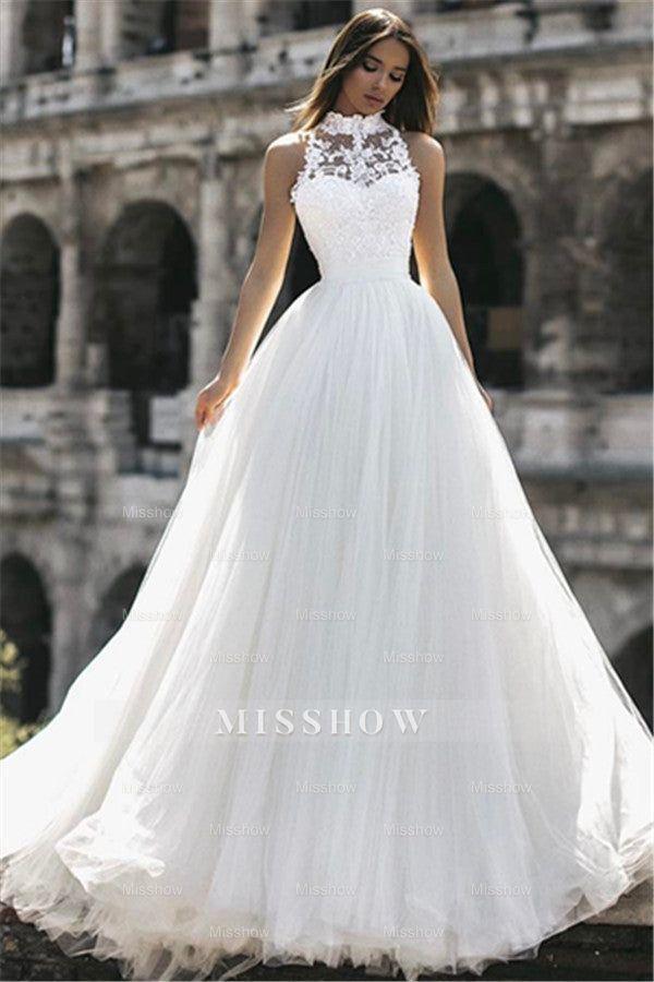 New Arrival High Neck Sleeveless Appliques Wedding Dress –