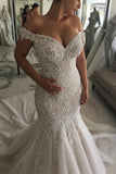 New Arrival Off-the-Shoulder Sweetheart Pearl Mermaid Chapel Train Wedding Dress-misshow.com