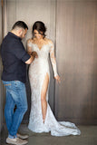 New Full Lace Split Wedding Dress Illusion Back Bridal Wears with Detachable Skirt