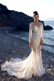 New Long Mermaid Lace Wedding Dresses With Long Sleeves-misshow.com