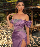 Noble Off The Shoulder Ruffles Purple Split Mermaid Evening Dresses-misshow.com