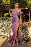 Noble Off The Shoulder Ruffles Purple Split Mermaid Evening Dresses-misshow.com