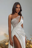 Noble one shoulder sleeveless a-line sequined satin Evening dresses-misshow.com