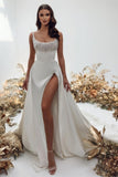 Noble square sleeveless a-line satin Wedding dress with pearls-misshow.com