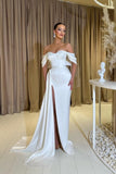 Noble sweetheart cap sleeves column satin prom dresses split front-misshow.com