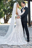 Noble vneck longsleeves mermaid lace Wedding dresses-misshow.com