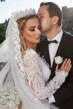 Noble vneck longsleeves mermaid lace Wedding dresses-misshow.com