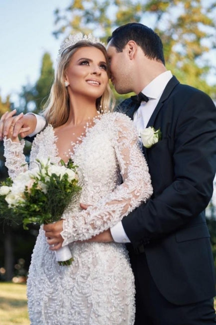 Noble vneck longsleeves mermaid lace Wedding dresses-misshow.com