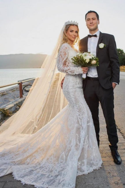 Noble vneck longsleeves mermaid lace Wedding dresses-misshow.com