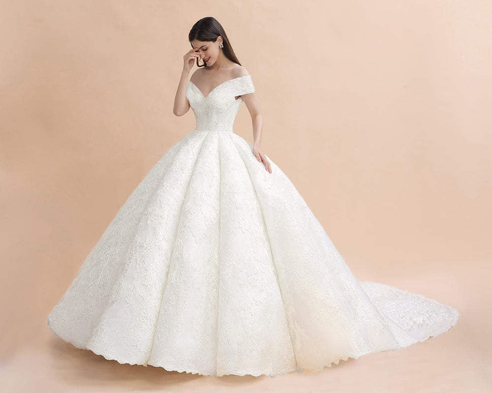 Off Shoulder Floor Length Bridal Gowns Lace Appliques Chapel Train Wedding Dress-misshow.com